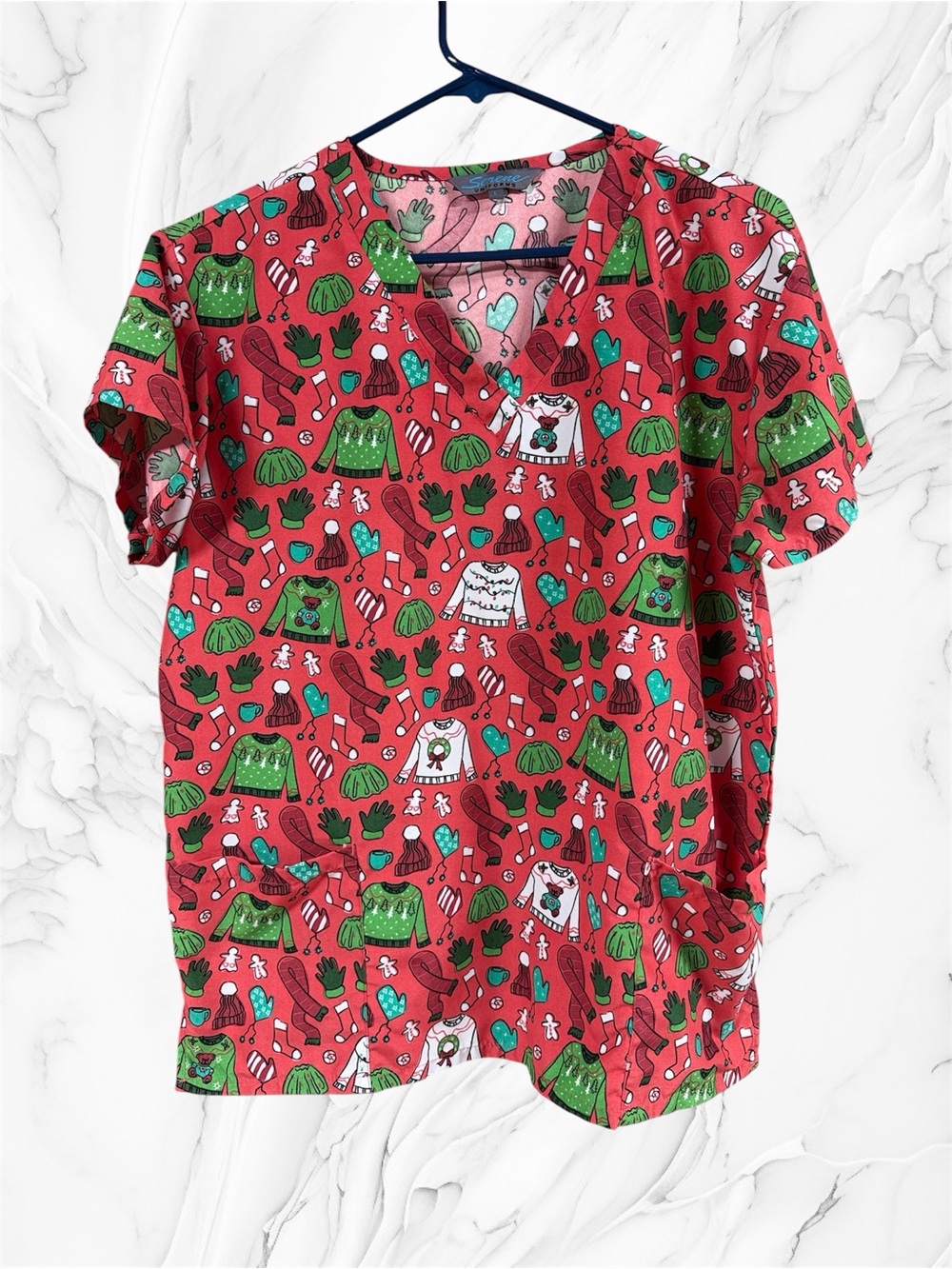 Serene uniforms Red Holiday Christmas Short-Sleeve Festive scrub top Print